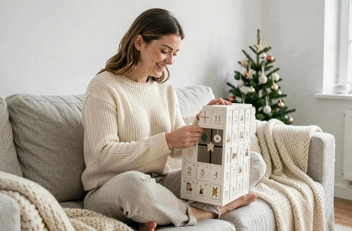 Jeune femme ouvrant une porte du calendrier de l'Avent Hugo Romance avec une expression de surprise et de plaisir