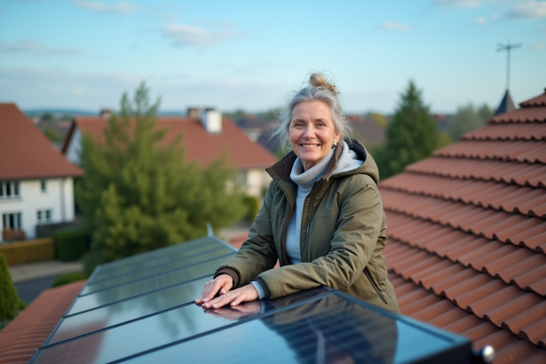 Femme souriante sur le toit avec panneaux solaires installes