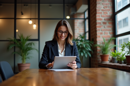 Femme en blazer dans un bureau moderne en coworking