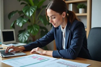 Femme d'affaires en concentration devant un tableau de paie