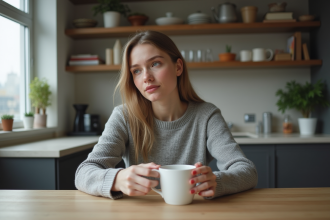 Jeune femme pensive dans une cuisine moderne