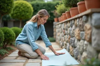 Femme en linen appliquant des panneaux sur un mur de jardin