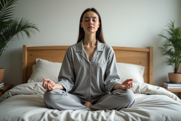 Jeune femme en pyjama gris faisant une respiration apaisante