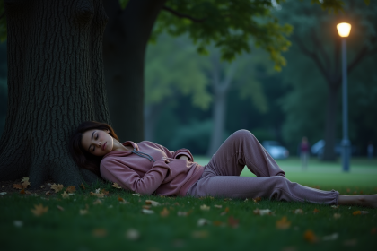 Jeune femme dormant sous un chêne la nuit dans un parc