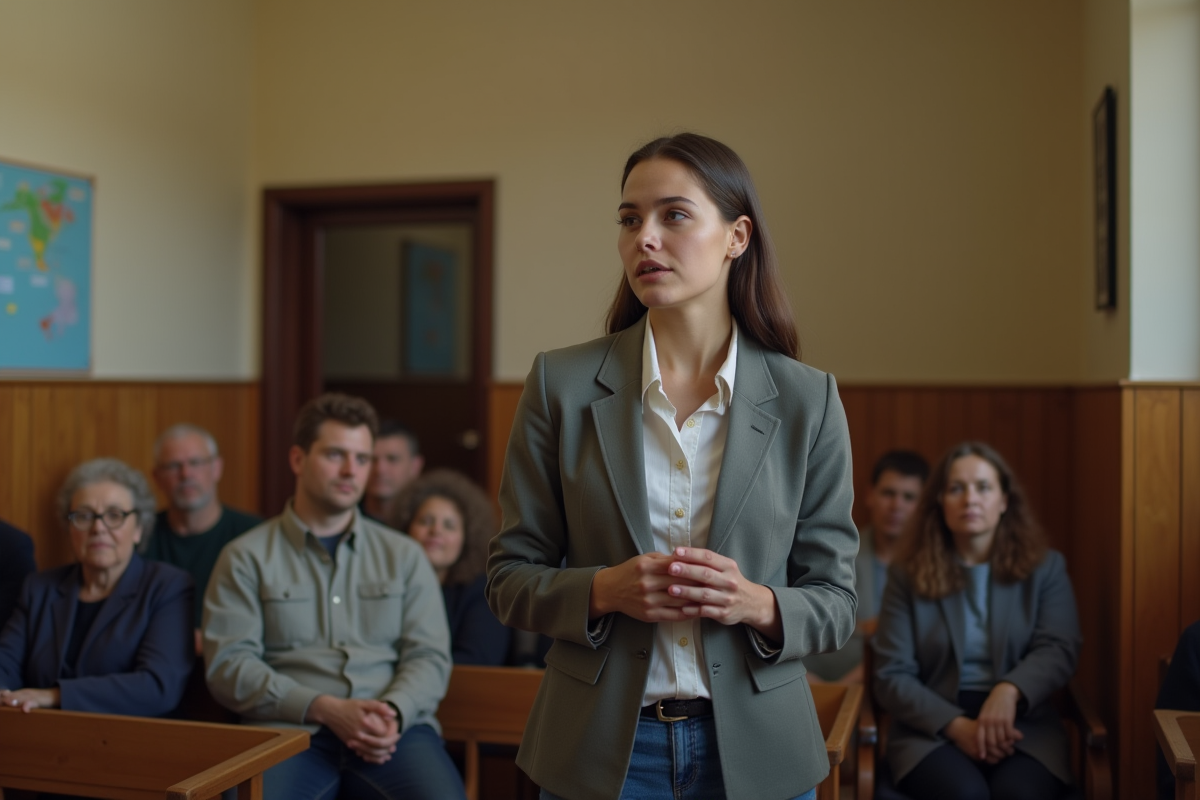 Jeune femme parle lors d une réunion communautaire dans une salle municipale