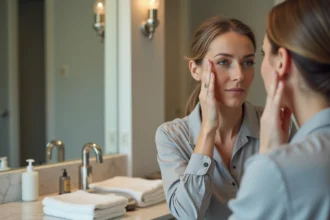 Femme se regardant dans le miroir en soin du visage