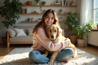 Jeune femme souriante avec chien golden retriever dans un salon lumineux
