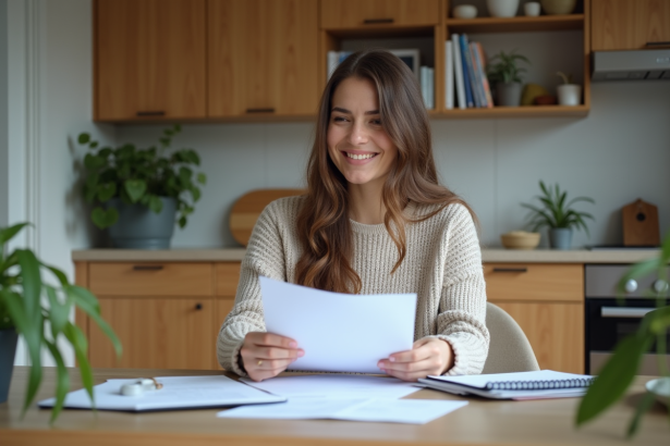 Femme souriante vérifiant des papiers dans sa cuisine chaleureuse