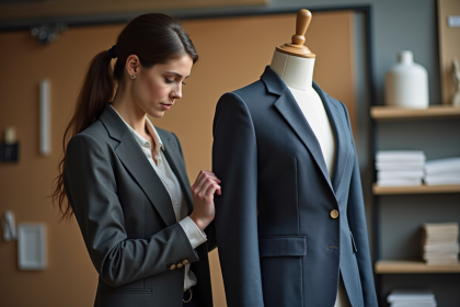 Femme professionnelle examine un blazer dans un studio moderne