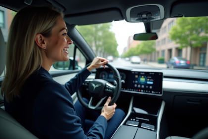Femme en costume navy dans une voiture autonome en ville