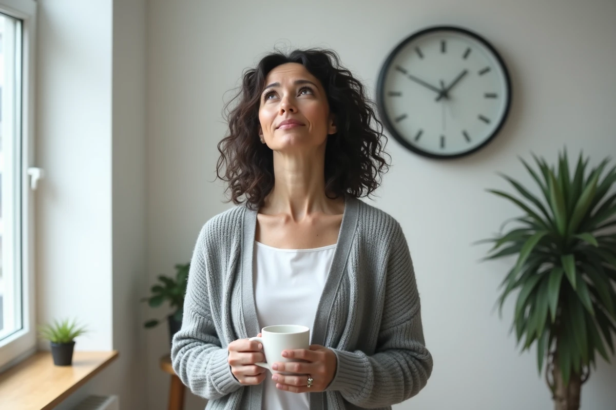 Femme tenant une tasse de café devant une horloge murale indiquant 13h31, symbolisant la synchronicité et les messages de l'univers