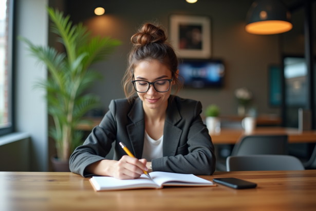 Femme concentrée écrivant dans un coworking moderne