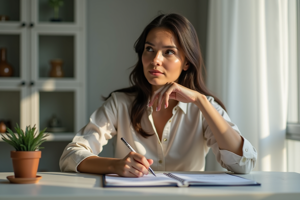 Femme concentrée travaillant à un bureau minimaliste en journée