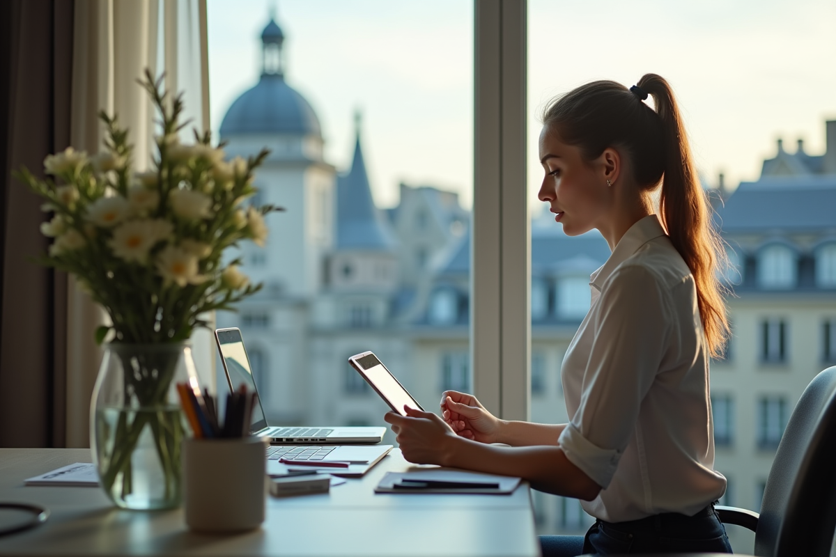 Jeune femme professionnelle vérifiant ses mails sur une tablette près d