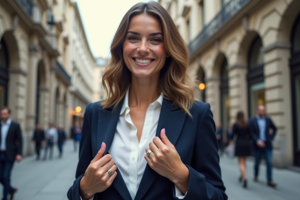 Femme élégante en blazer sur une rue urbaine