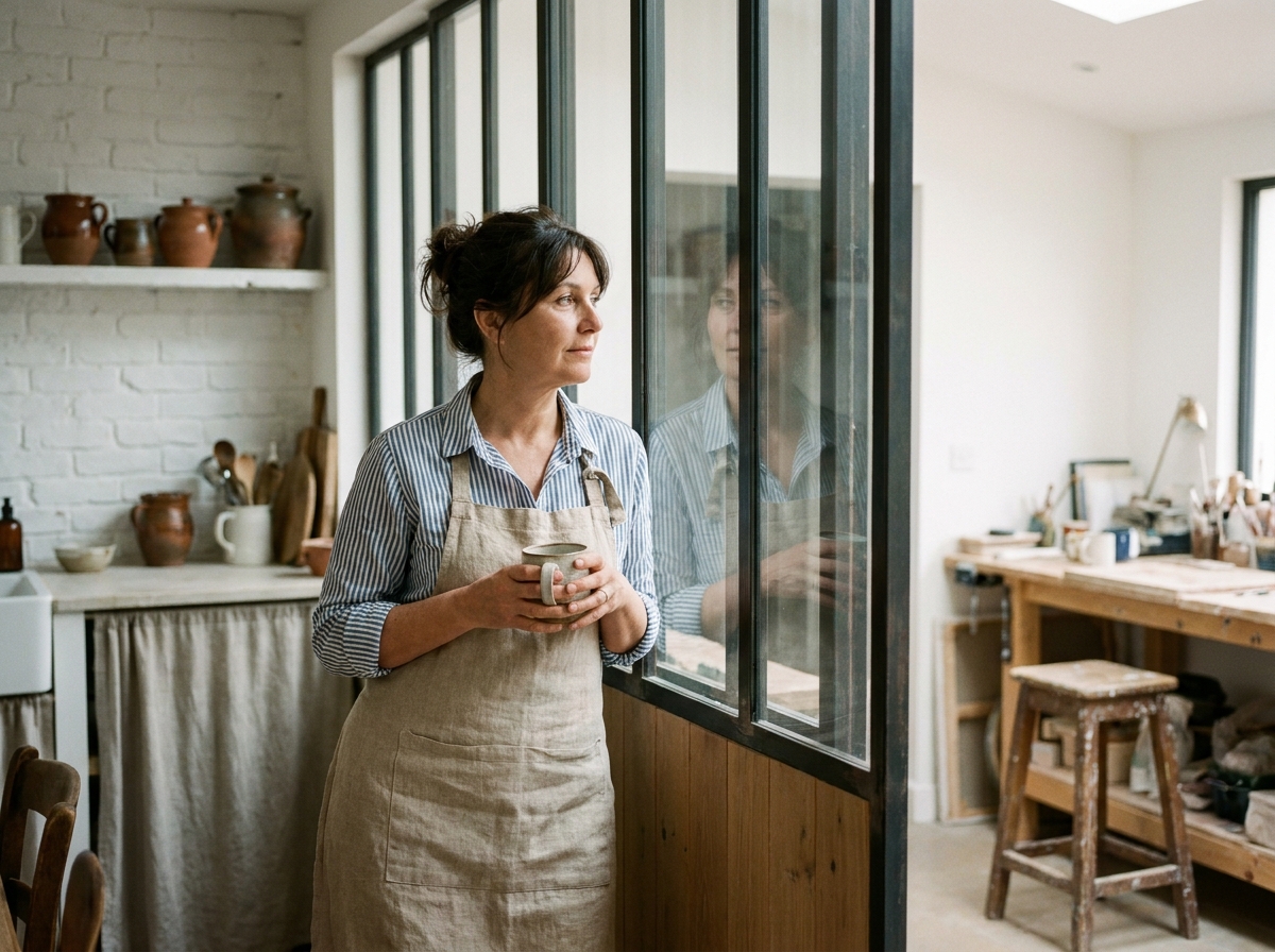 Femme près d'une verrière intérieure en bois séparant une cuisine d'un espace atelier, ambiance artisanale et chaleureuse