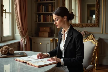 Femme élégante en blazer noir et blouse blanche à Paris