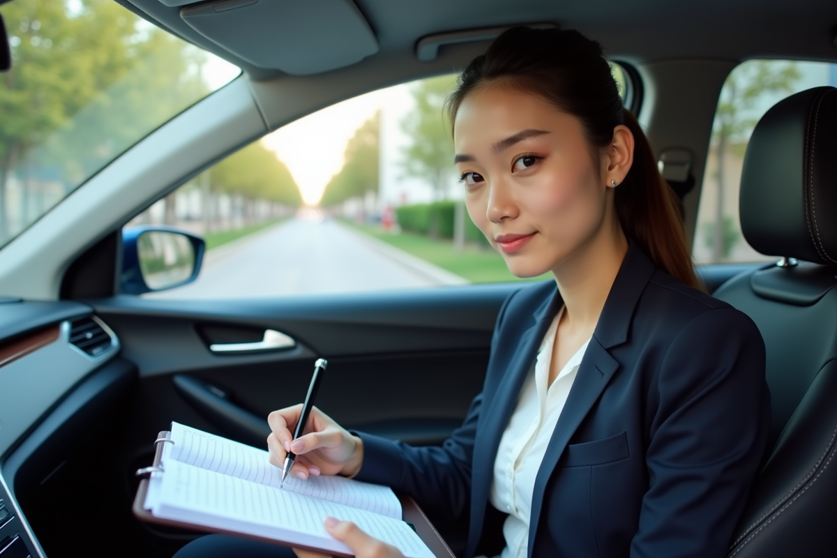 Jeune femme en intérieur de voiture hybride en ville
