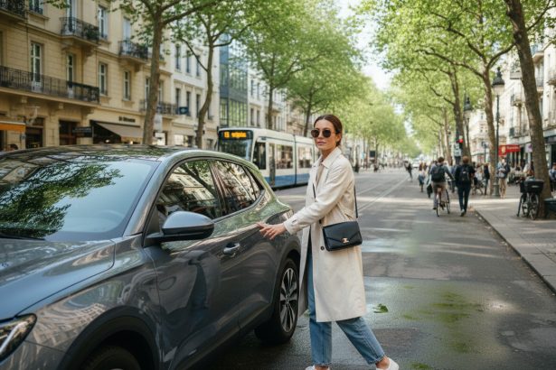 Femme élégante ferme la porte d'une voiture moderne en ville