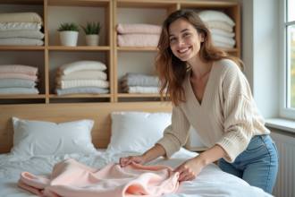 Femme souriante plie un vêtement dans une chambre lumineuse