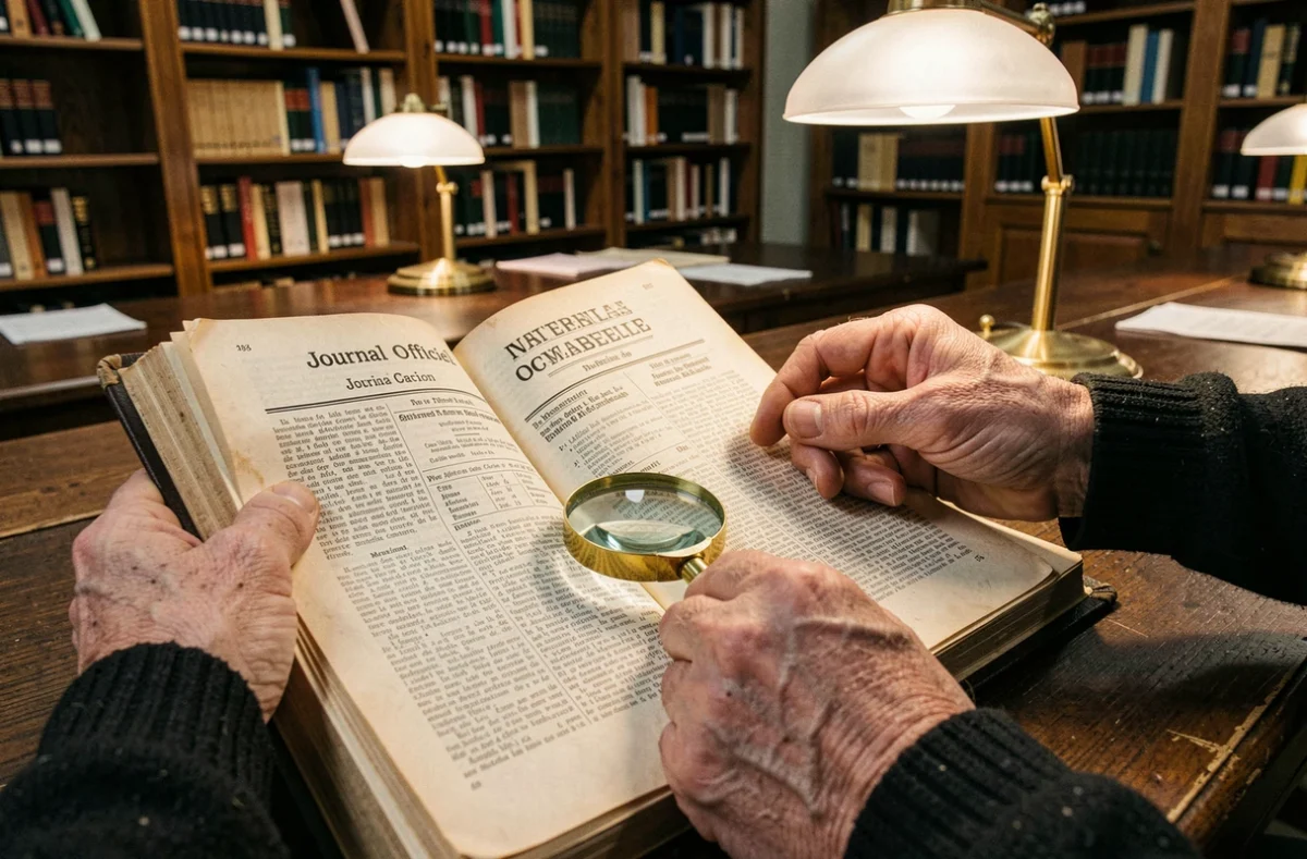 Mains feuilletant un ancien volume relié du Journal Officiel des associations dans une bibliothèque de recherche