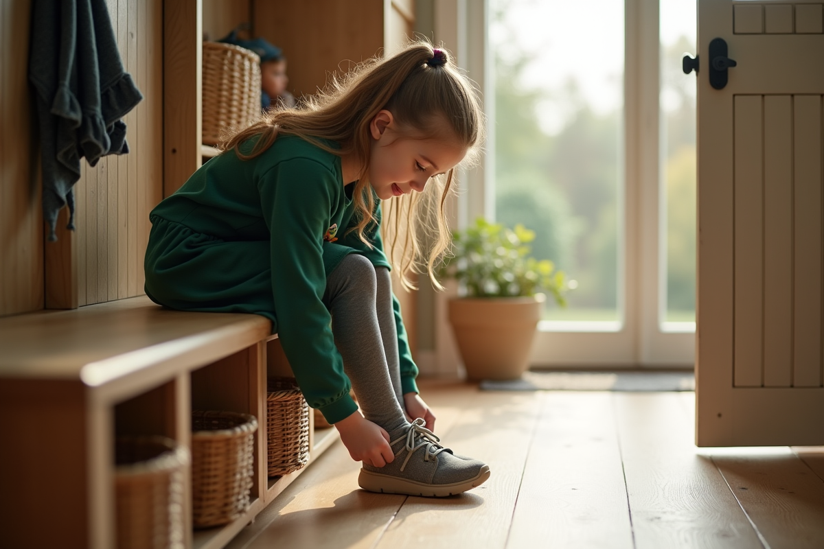 Fille de six ans attache ses lacets dans l