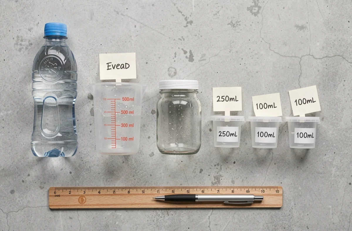 Vue de dessus de contenants gradués illustrant la conversion d'un litre en millilitres sur béton gris