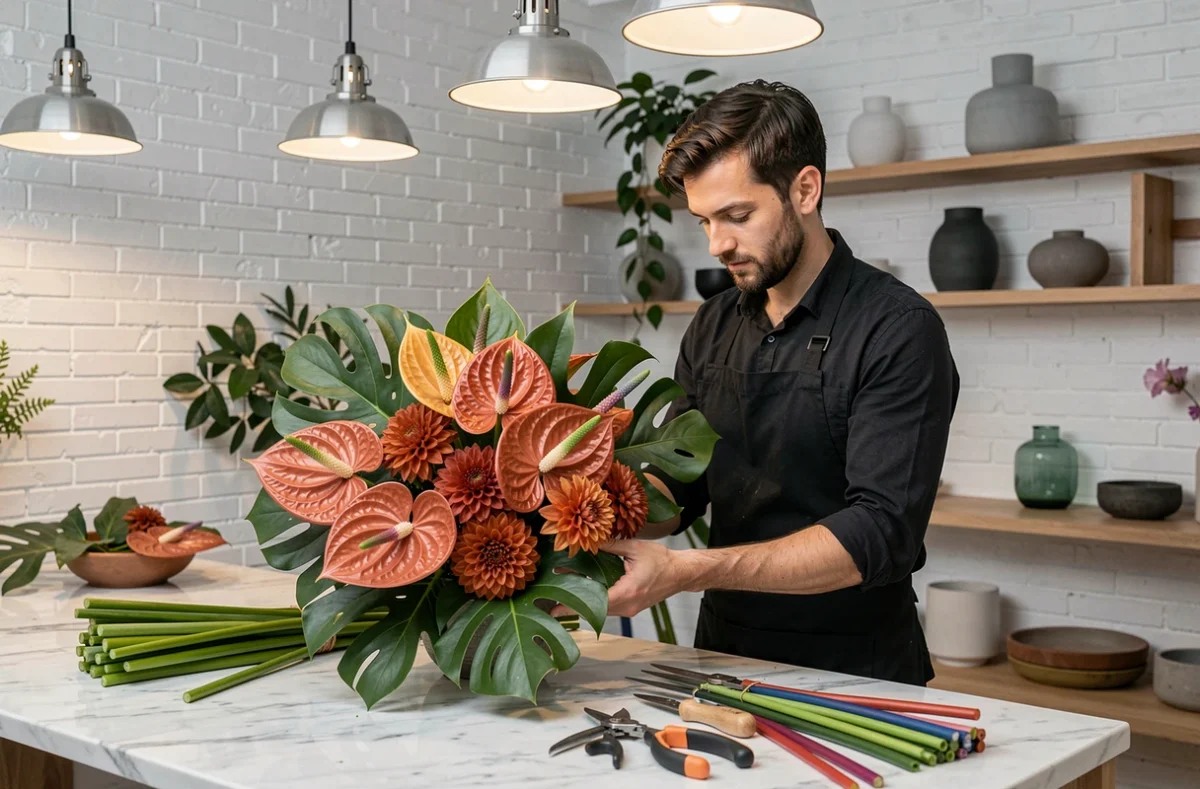 Le fleuriste Benjamin Jean composant un bouquet architectural de fleurs tropicales et dahlias dans son studio de design floral à Montpellier