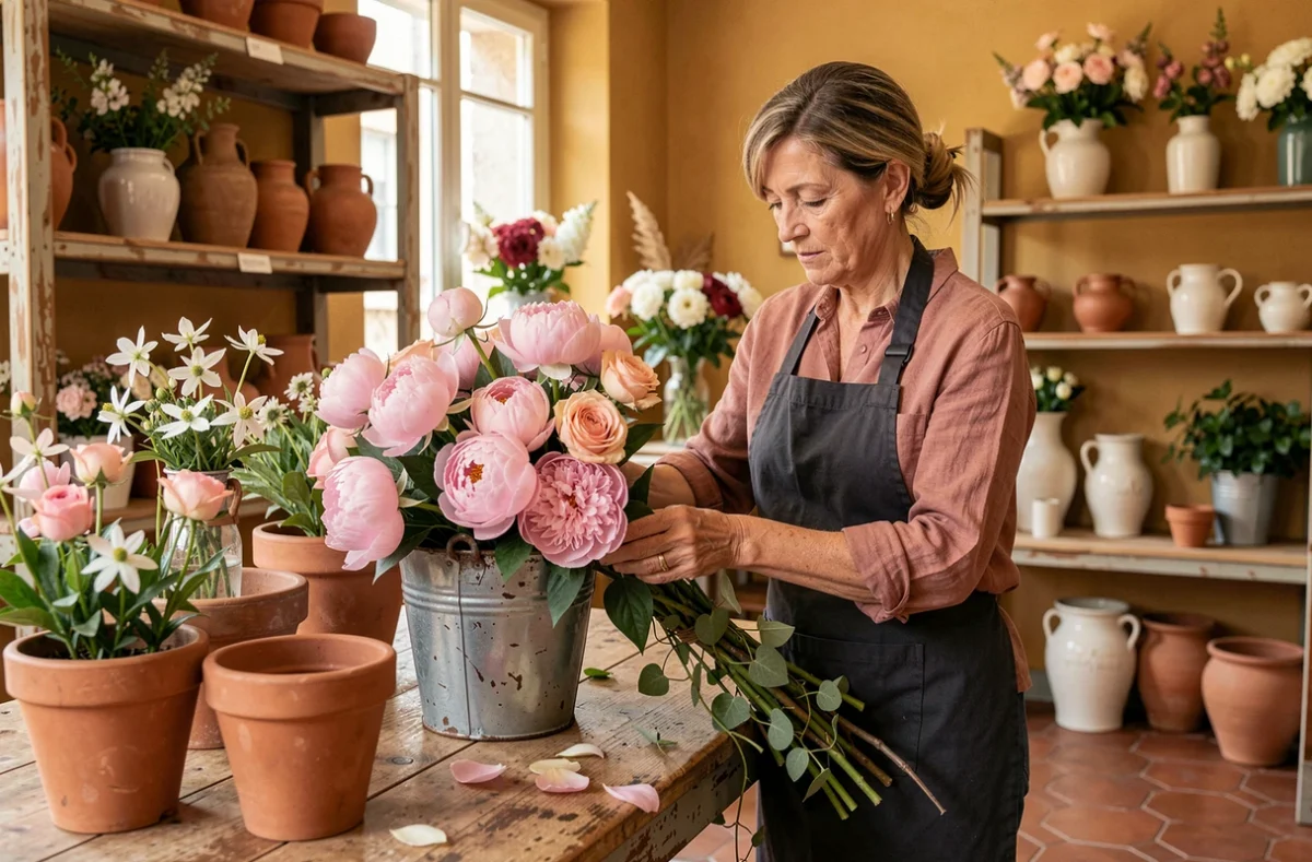 La fleuriste de Fleurs de Luce Montpellier nouant un bouquet de pivoines et roses dans sa boutique aux tons chauds ocre et terracotta