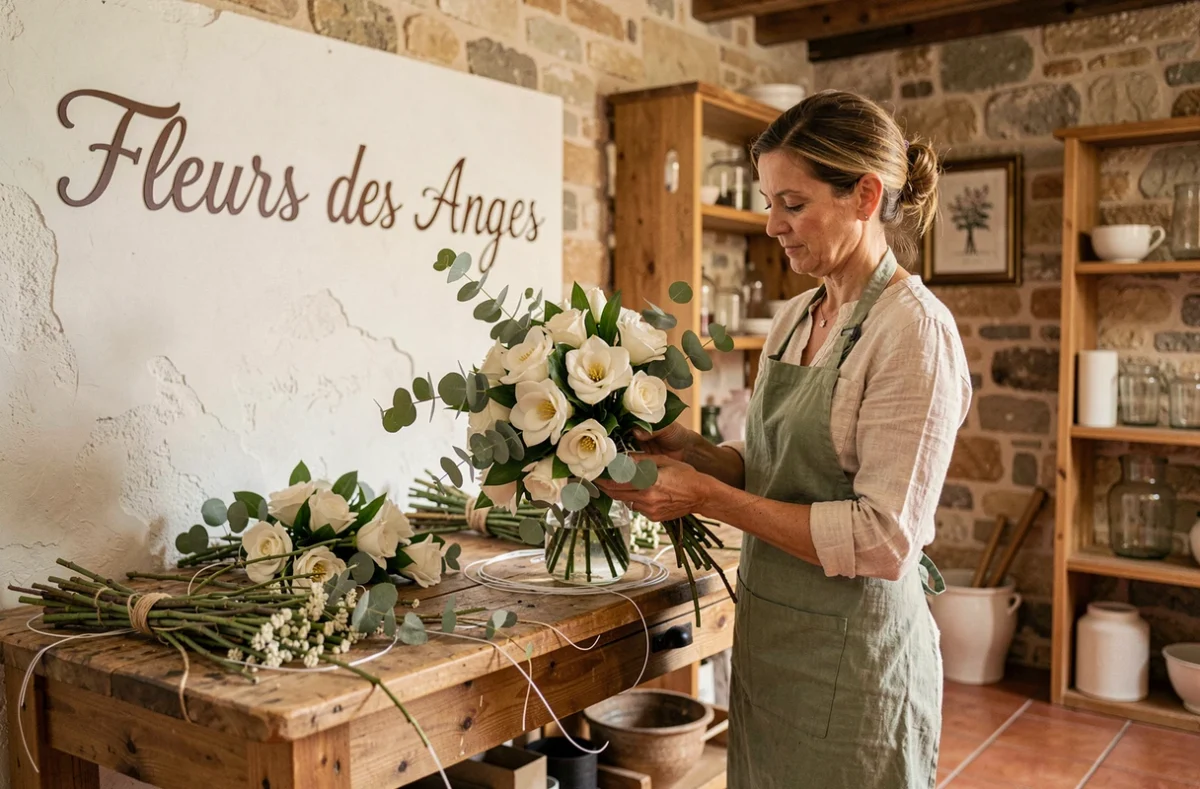 Fleuriste artisane de l'atelier Fleurs des Anges composant un bouquet de mariée en gardenias blancs dans un atelier en pierre à Montpellier