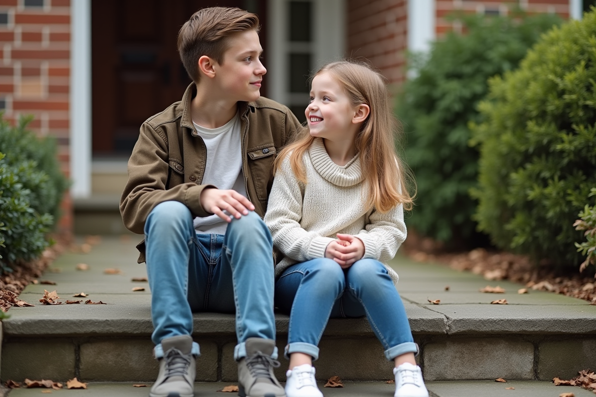 Deux freres assis sur des marches de pierre dans un jardin