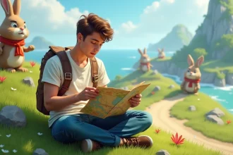 Jeune gamer étudiant une carte colorée sur une île fantastique