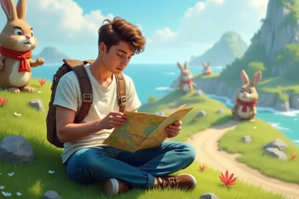 Jeune gamer étudiant une carte colorée sur une île fantastique