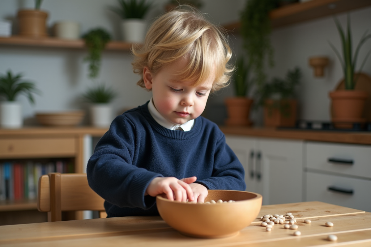 Garçon en bas âge verse des haricots sur la table de cuisine