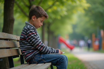 Garçon de 9 ans pensif assis sur un banc dans un parc