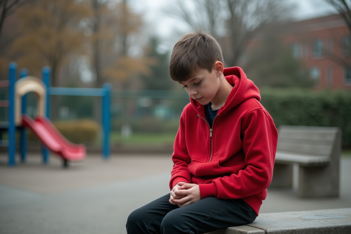Garçon de 12 ans assis seul sur un banc dans la cour