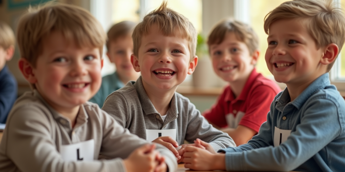 Groupe de jeunes garcons souriants dans une salle lumineuse