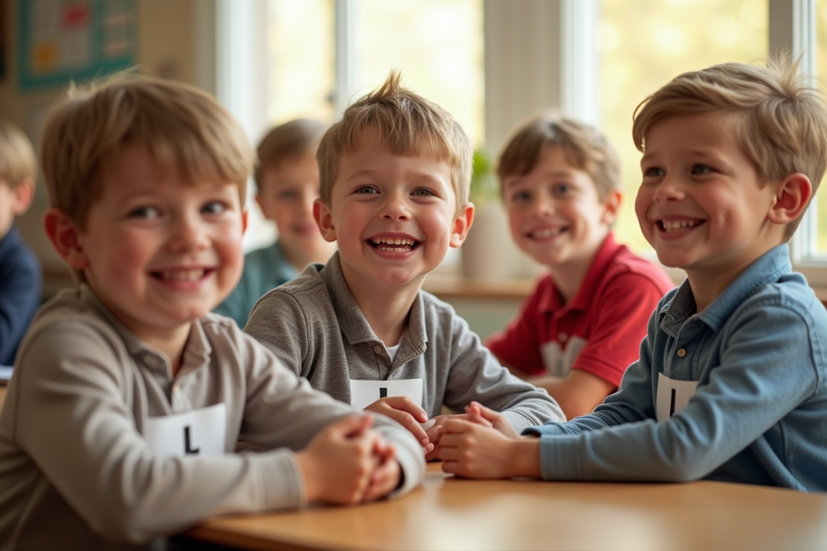 Groupe de jeunes garcons souriants dans une salle lumineuse