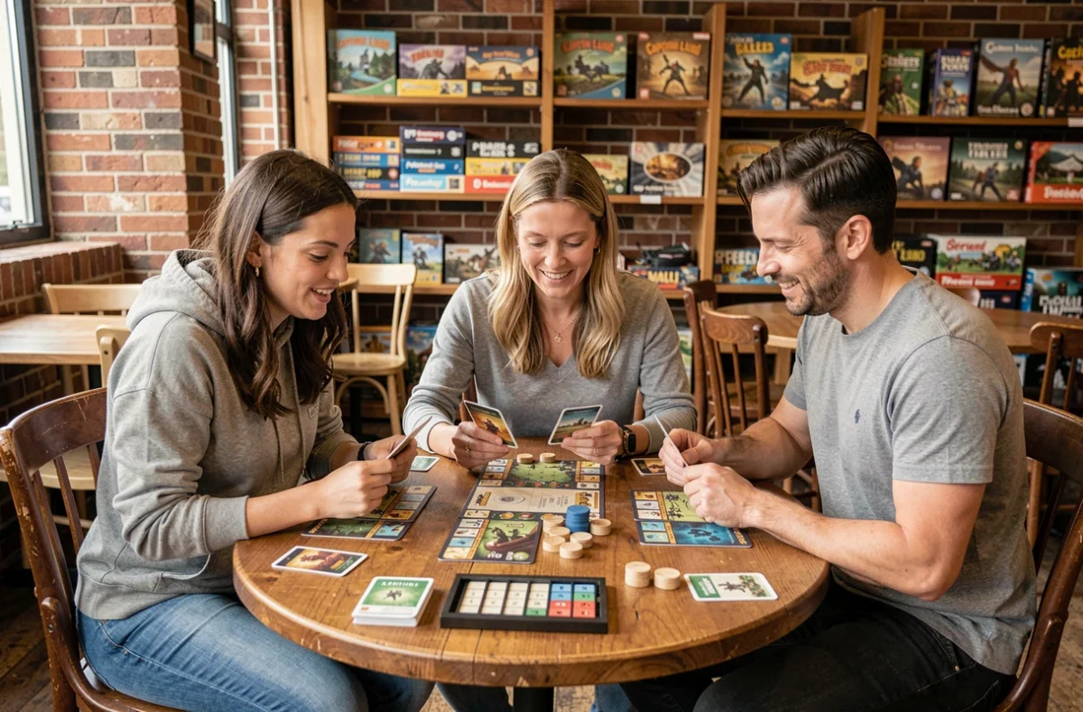 Groupe de trois adultes jouant à Captain Ludd dans un café de jeux de société avec jetons et cartes sur la table