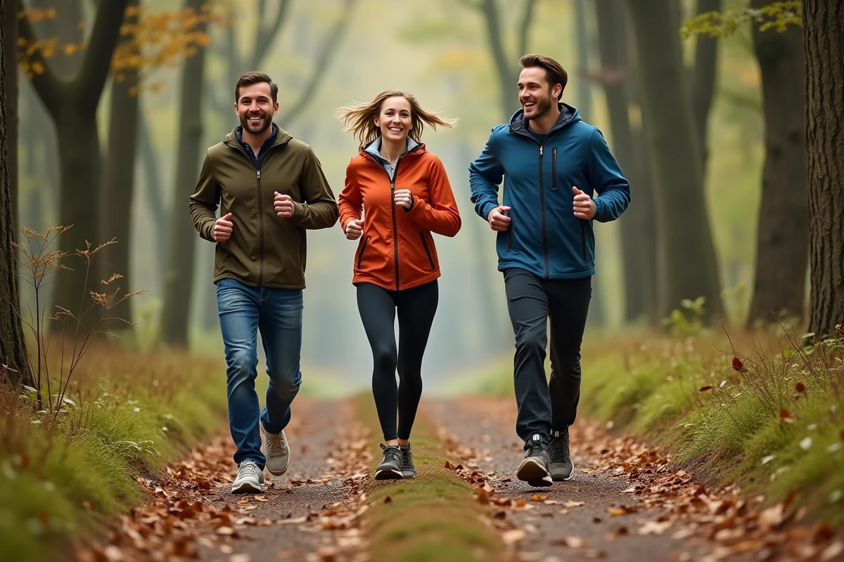 Trois amis courant dans la forêt en pleine nature