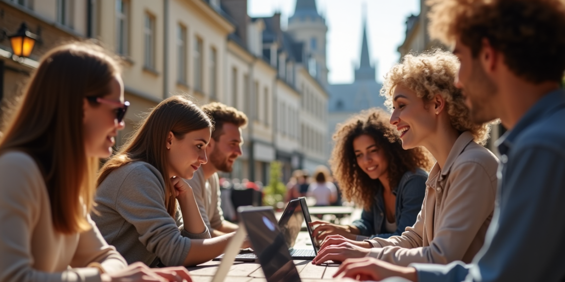 Groupe de personnes diverses utilisant ordinateurs et smartphones en terrasse à Caen