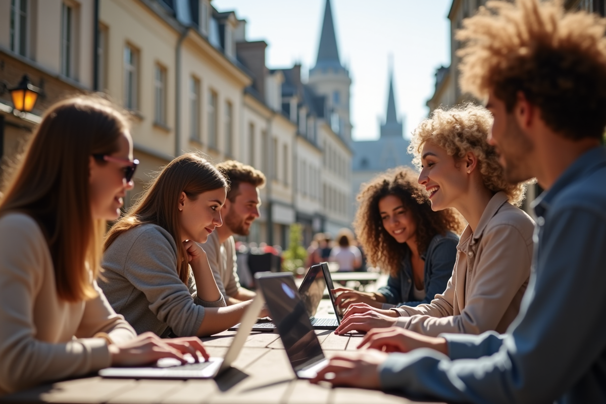 Groupe de personnes diverses utilisant ordinateurs et smartphones en terrasse à Caen