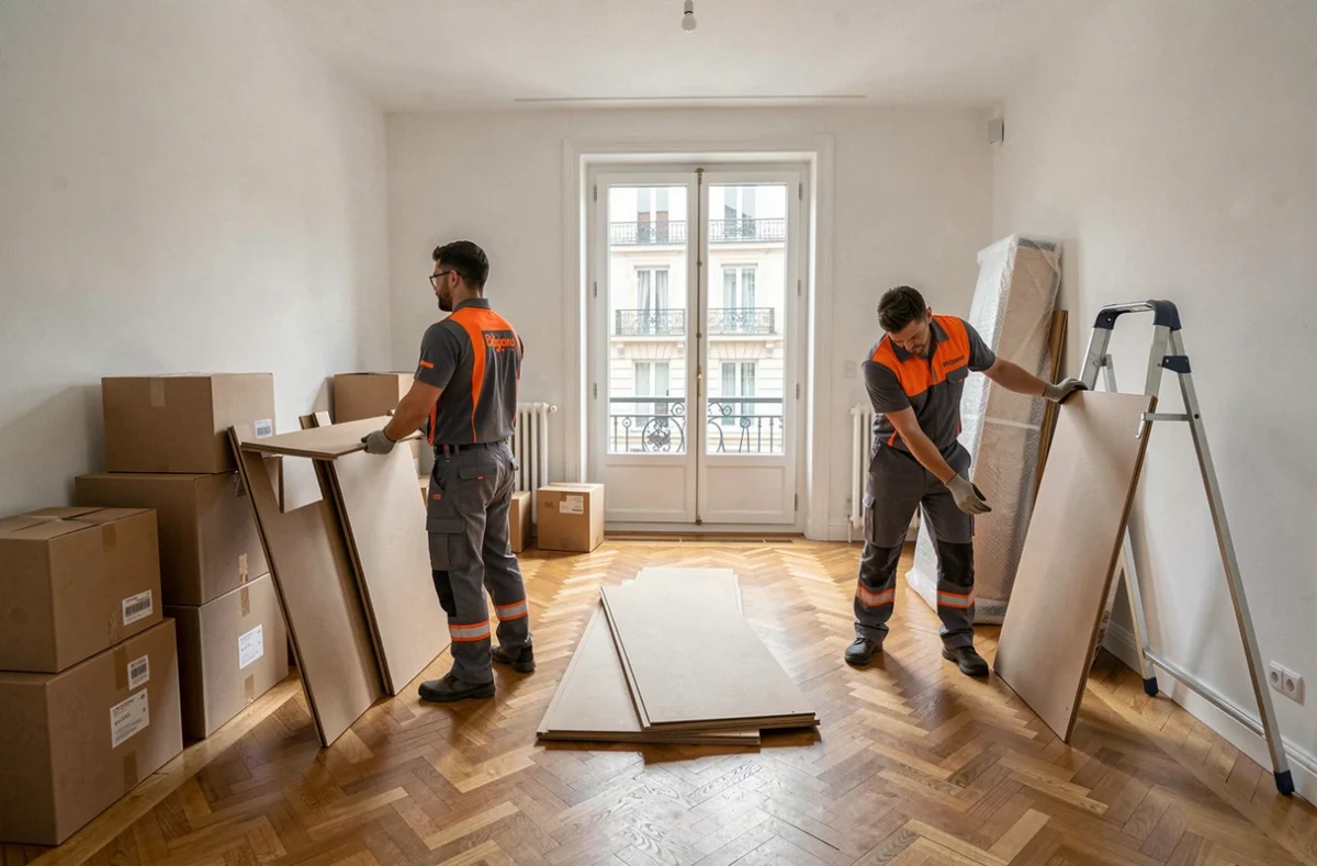 Équipe Groupe Dégand en uniformes gris et orange montant des meubles dans un appartement moderne avec cartons empilés