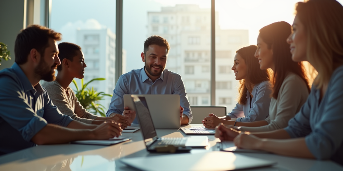 Groupe diversifié autour d'une technologie moderne lors d'une conférence