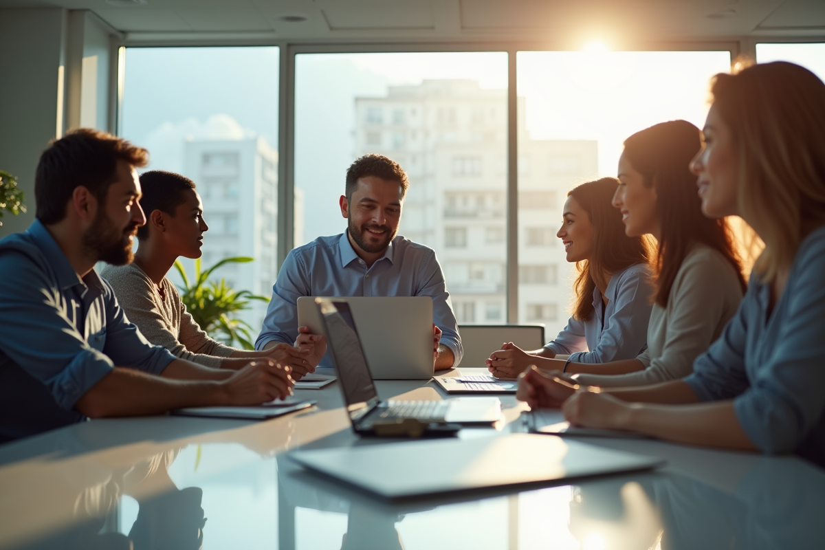 Groupe diversifié autour d'une technologie moderne lors d'une conférence