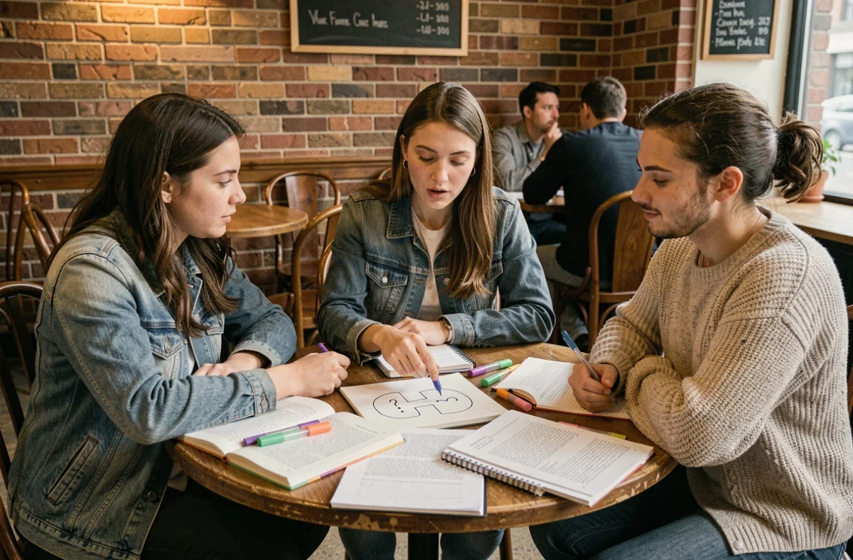 Groupe d'étudiants en philosophie discutant du paradoxe de l'âne de Buridan autour d'une table de café avec des notes et schémas philosophiques