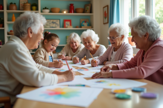 Femmes âgées et enfants partageant une activité créative