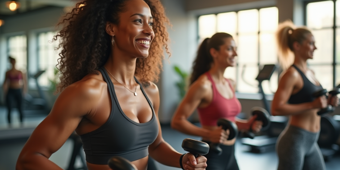 Femmes diverses souriantes en salle de sport moderne