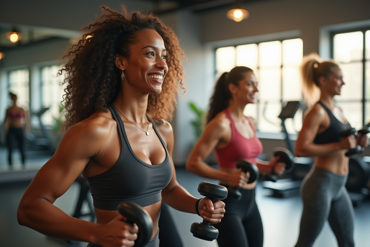 Femmes diverses souriantes en salle de sport moderne