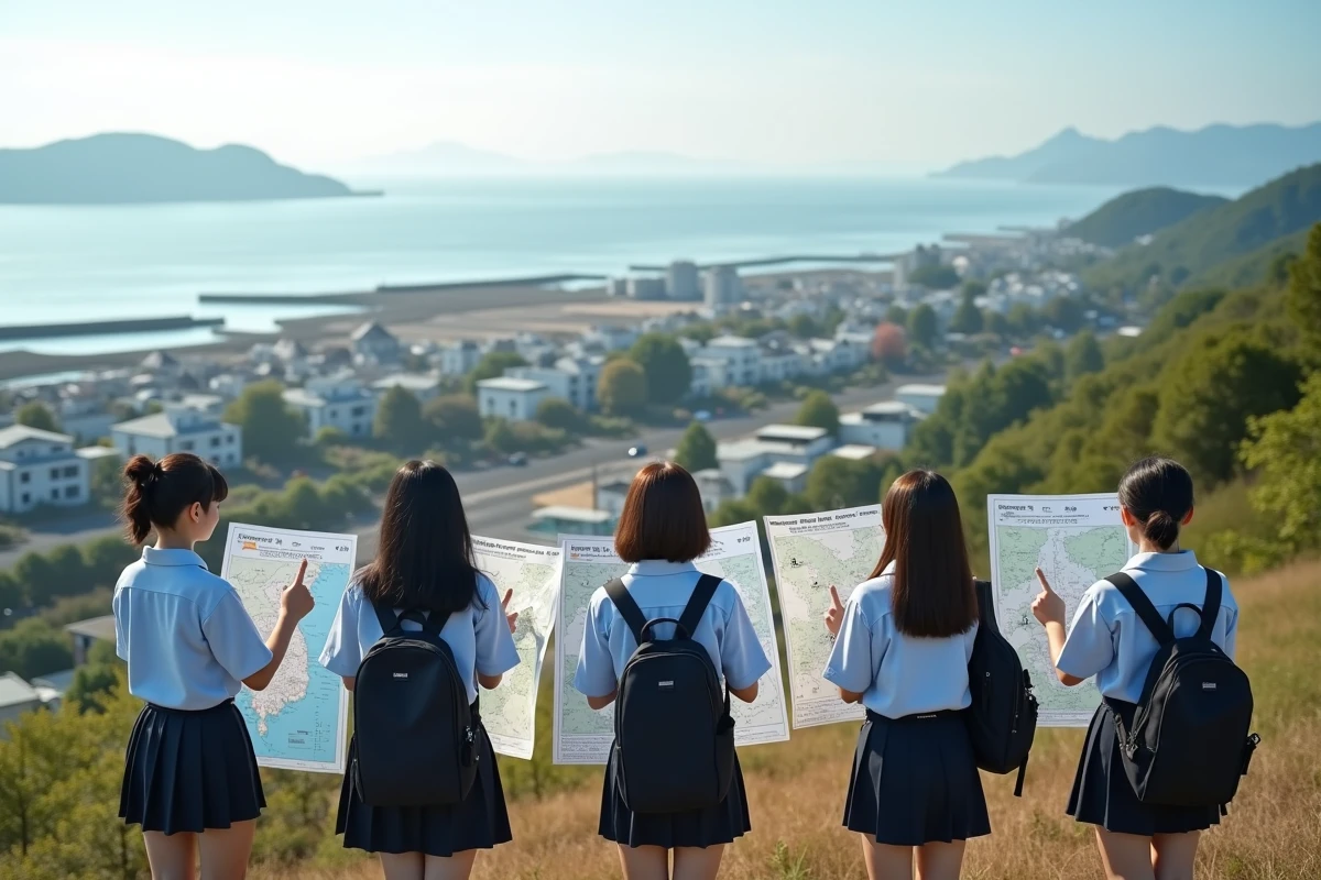 Groupe de lycéens japonais observant la reconstruction côtière